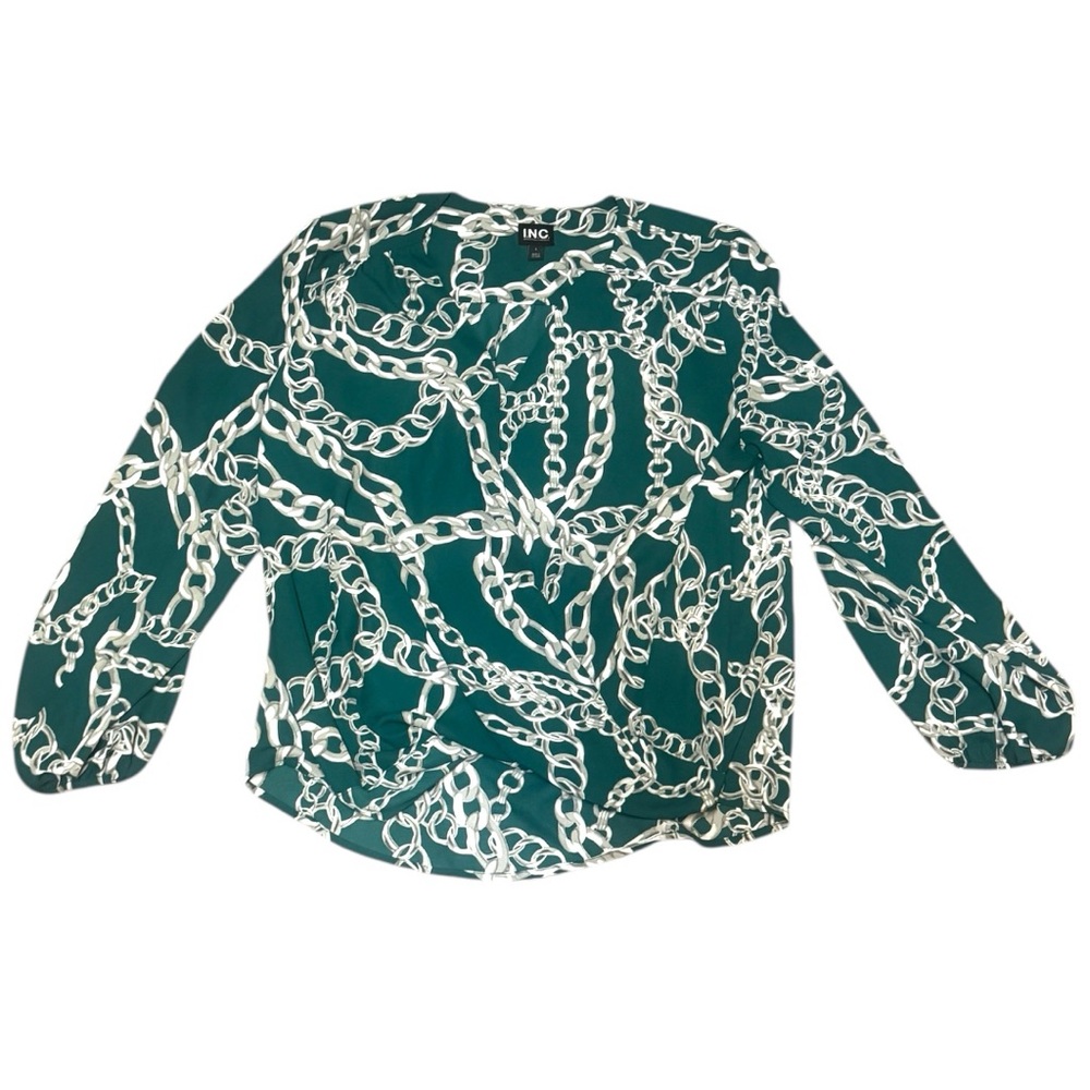 INC International Concepts Green and White Chain Print Blouse